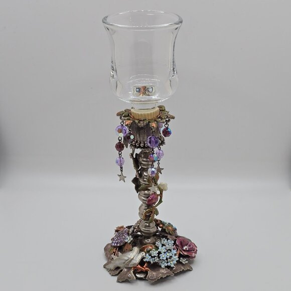 Vintage Kirks Folly Silver Enamel Jeweled Forget Me Not Votive Candle Holder Set - Picture 6 of 15